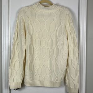 Cream colored cable knit high neck sweater bust size 23”. Long sleeves